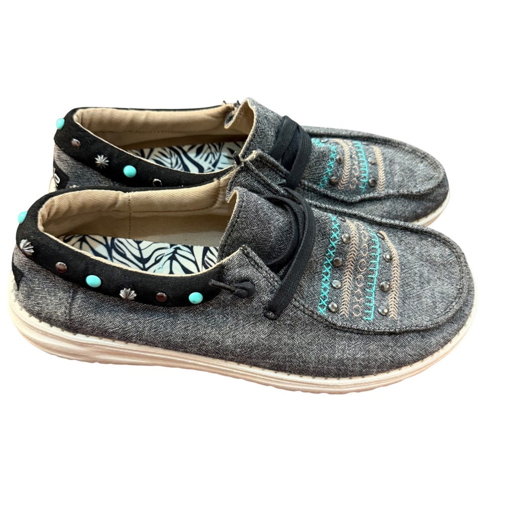 Hey Dude Wendy Annex Rodeo Black Embroidered Studded Loafers Womens sz 9
